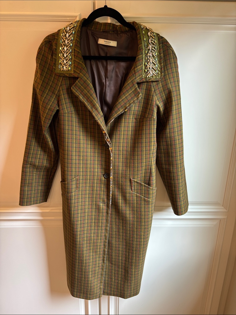 Prada Olive Green Plaid Trench Coat with Embellished Collar
